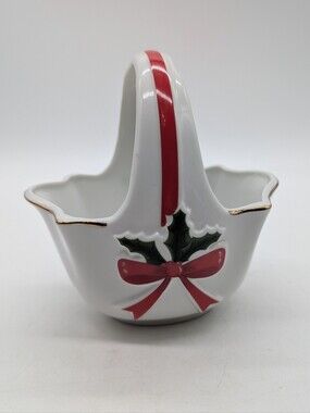 Vintage Mount Clemens Pottery Christmas Holly & Red Bow Porcelain Handled Basket